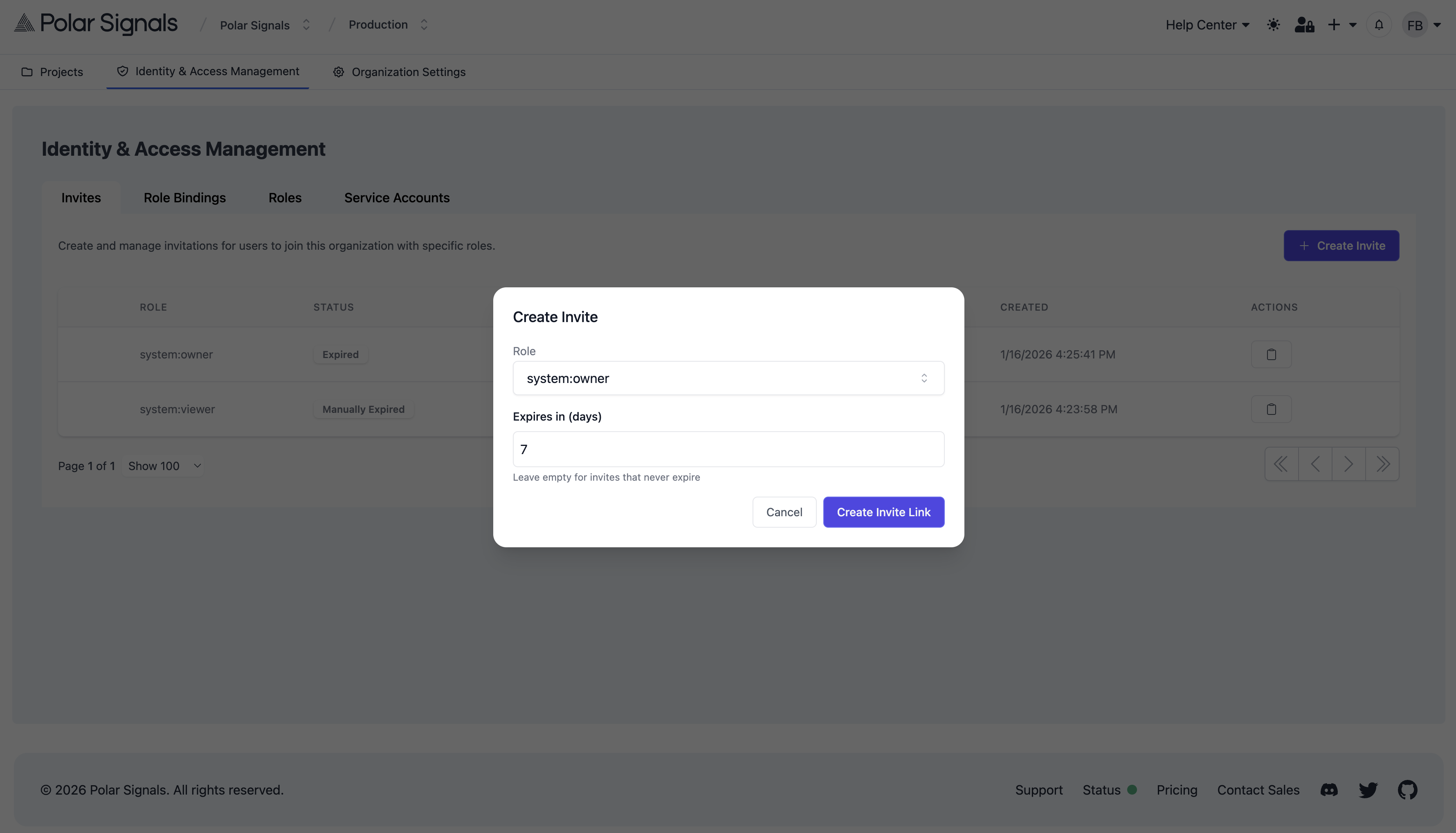 Create Invite modal