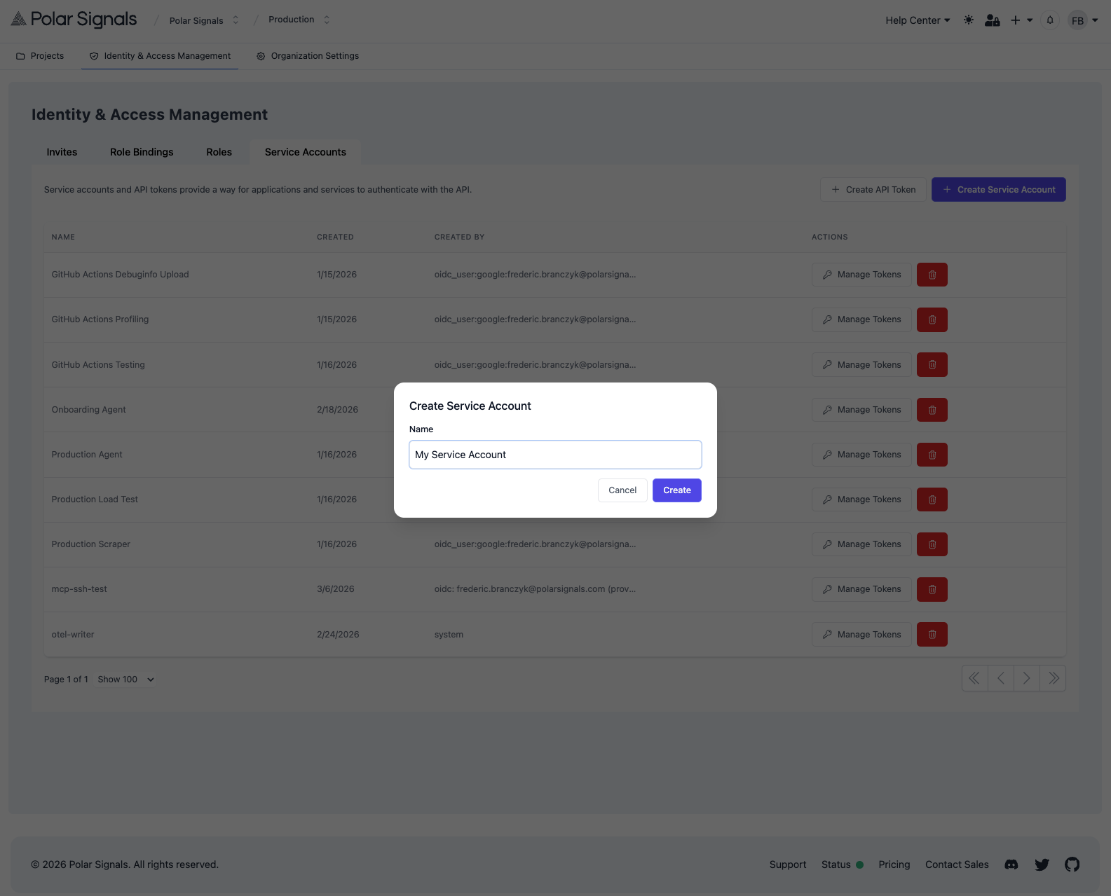 Create Service Account modal